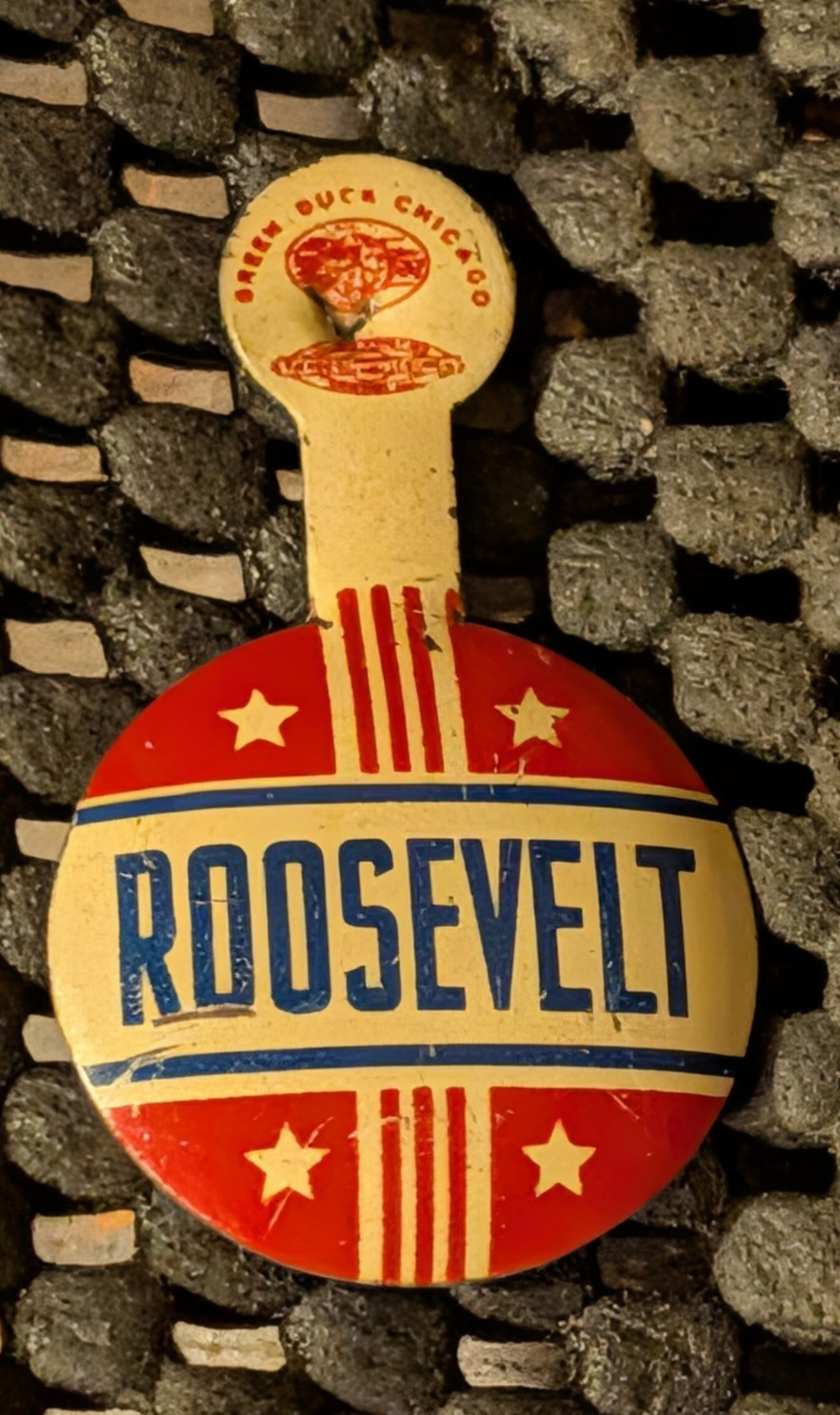 Rare Vintage Franklin Delano Roosevelt 7/8″ Green Duck Fold Tab/Button 1936-1940