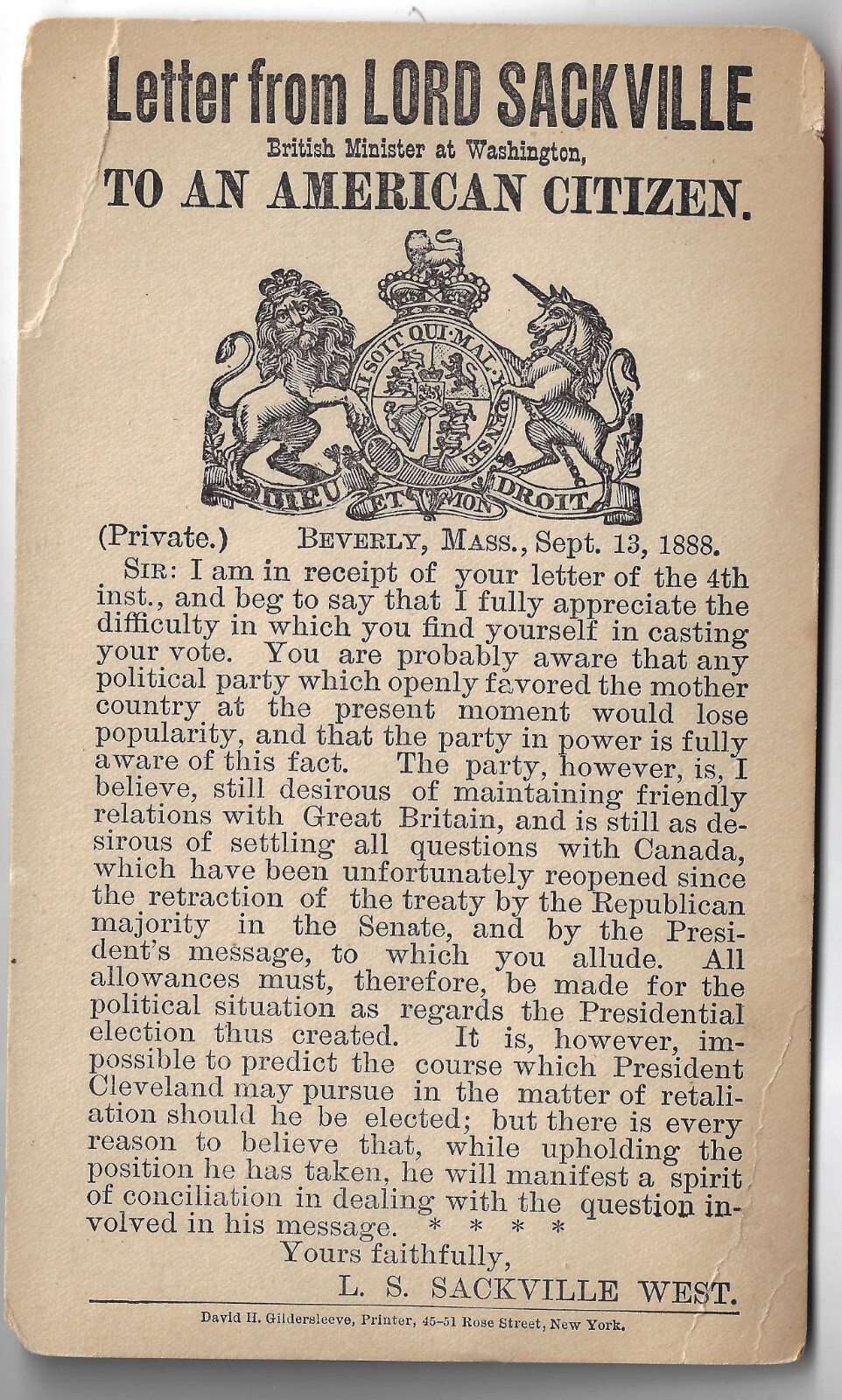 1888 anti-Grover Cleveland Re-election Lord Sackville Letter Prez Campaign Card