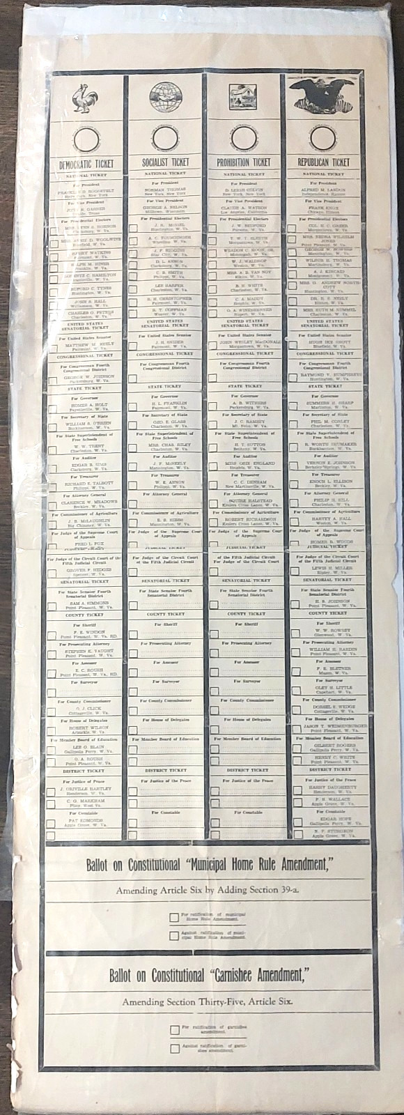 Vintage 1936 Presidential Election Ballot Roane County WV 30″ Unused Roosevelt