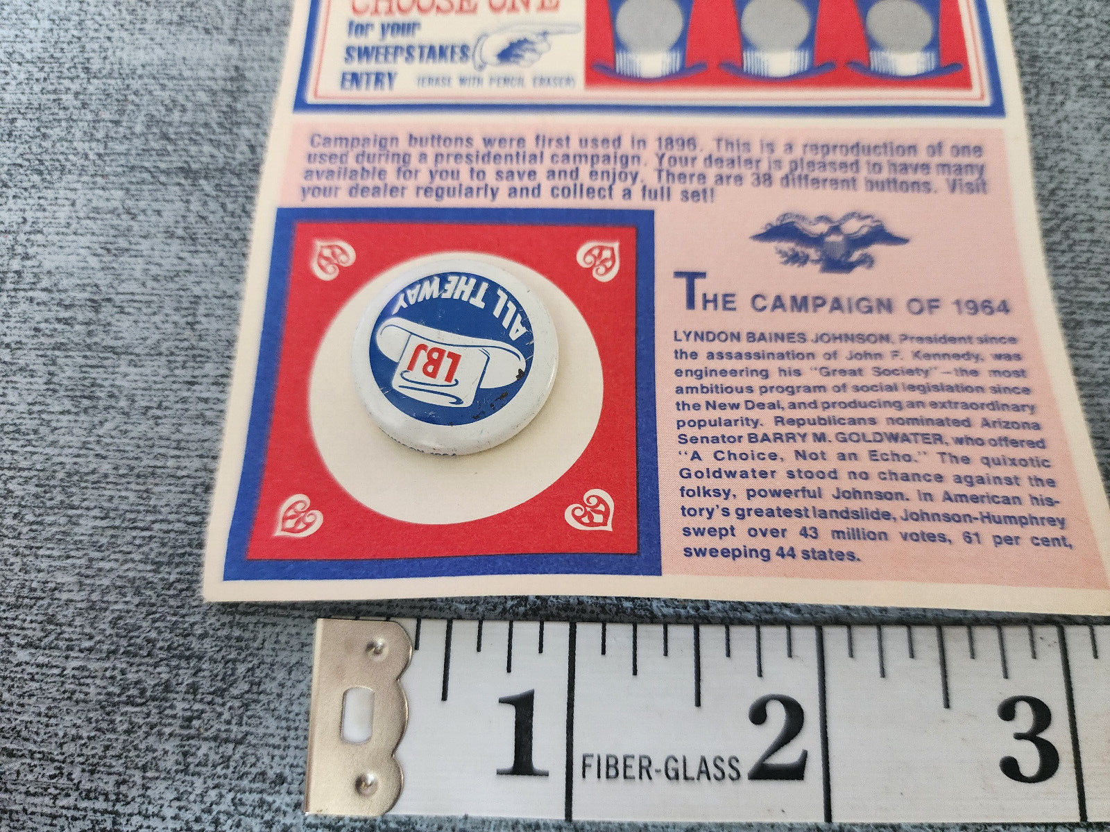 Vintage Hats Off To The Past LBJ All the Way Pin And Scratch Card
