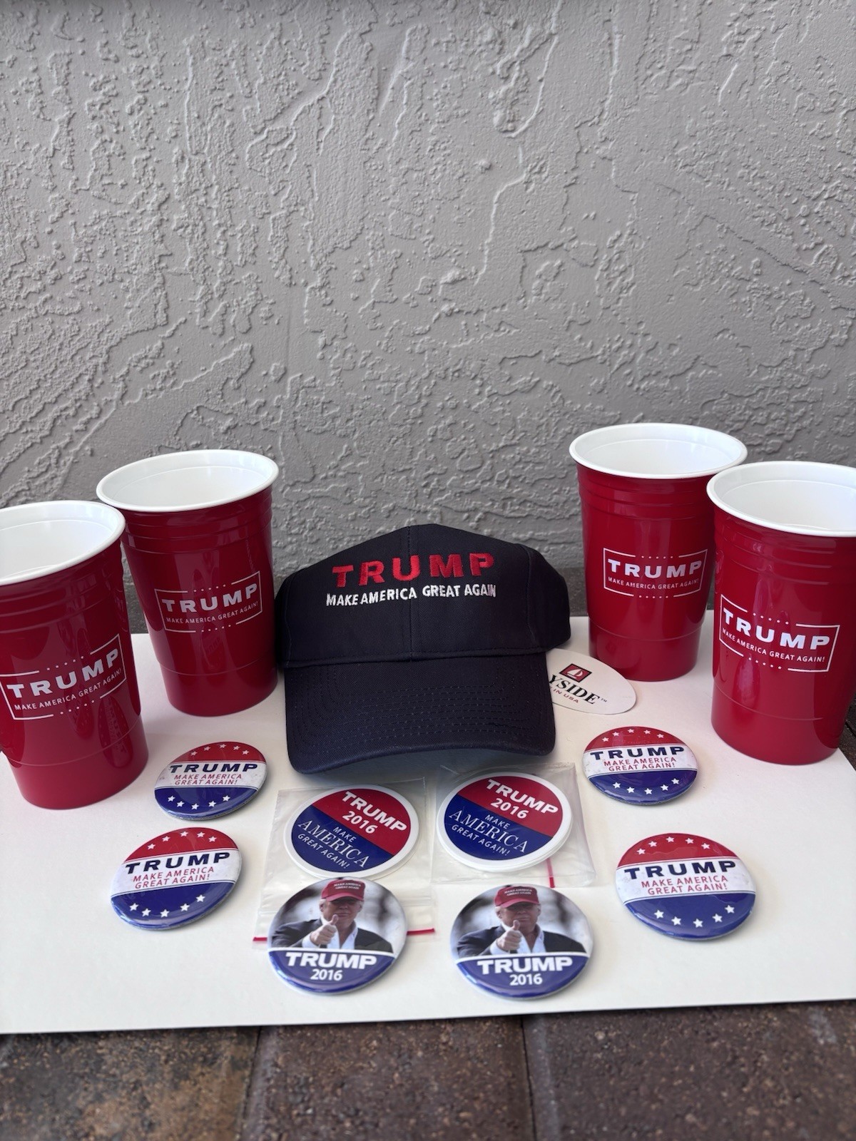 Rare 2016 Donald Trump Official Campaign Lot: Maga Hat, Pins & Red Maga Cup Set