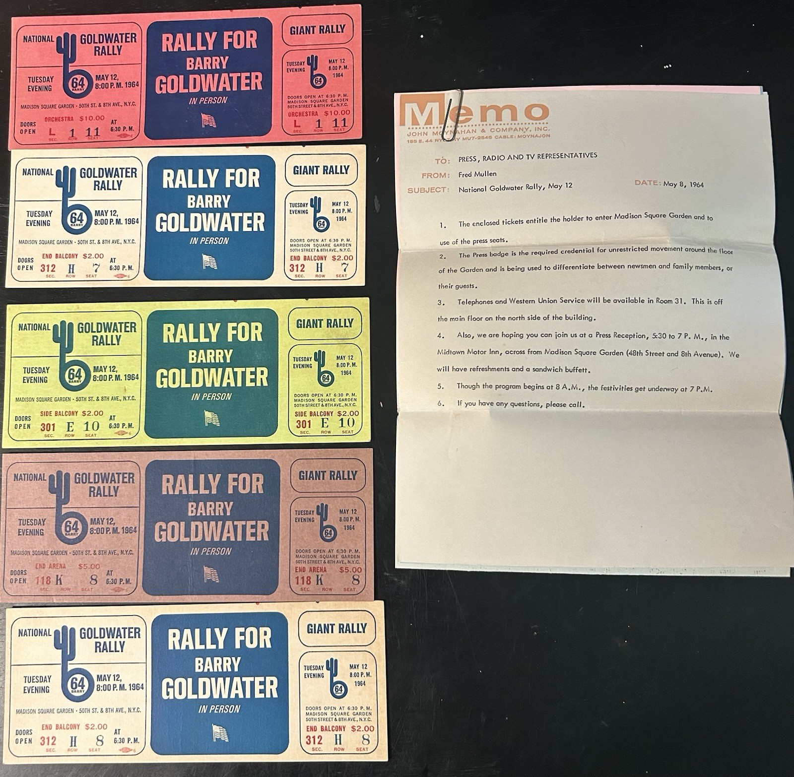 9 Piece Goldwater Rally NYC Press Kit Lot – 5 Tickets + Program, Guests Etc.