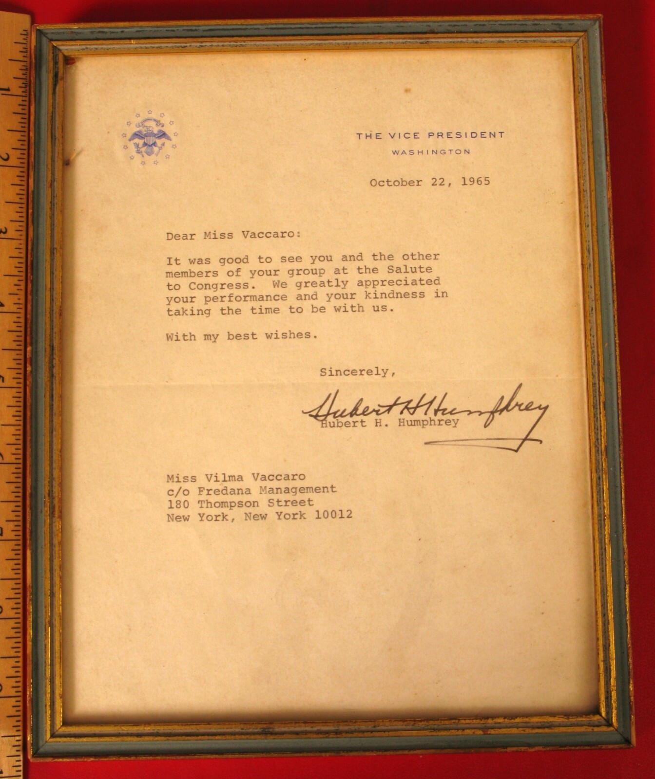 VP HUBERT HUMPHREY 1965 SIGNED LETTER TO SINGER VILMA VACCARO SALUTE TO CONGRESS