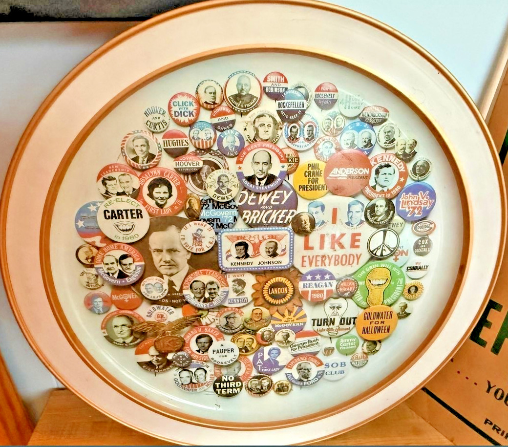 Vintage 1980 Collectors Treasury of Campaign Buttons Platter – 17″ Political Dec