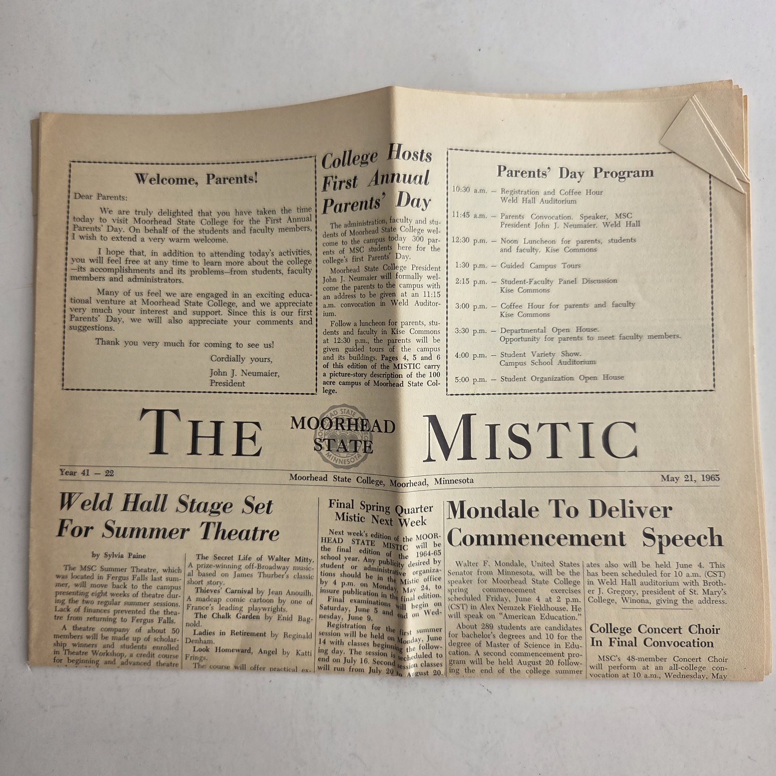 Walter Mondale Senator Speech Ephemera The Mystic Moorhead State College MN