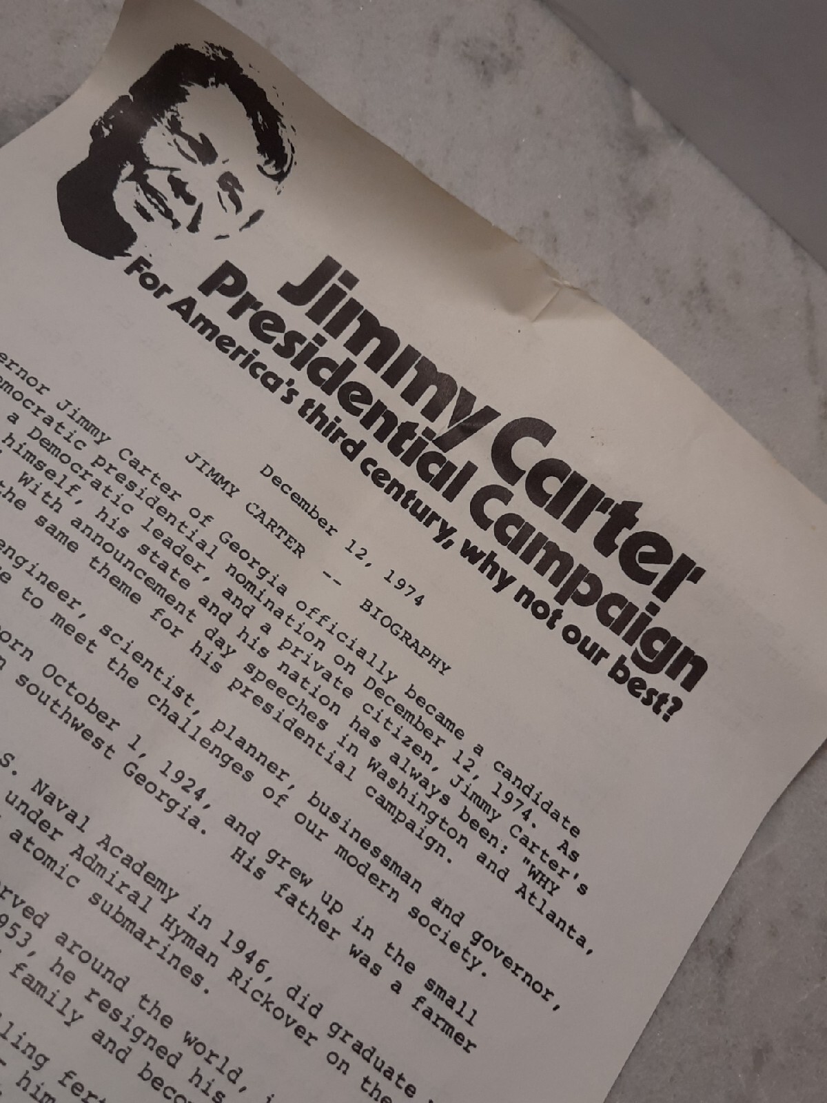 President Jimmy Carter 1976 Election Campaign Early Biography Letter Dec. 1974