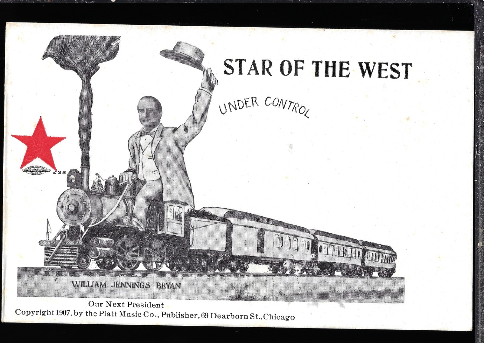 1908 Wm J Bryan Star of West Set #12 Prez Campaign Postcard Piatt Music Cartoon