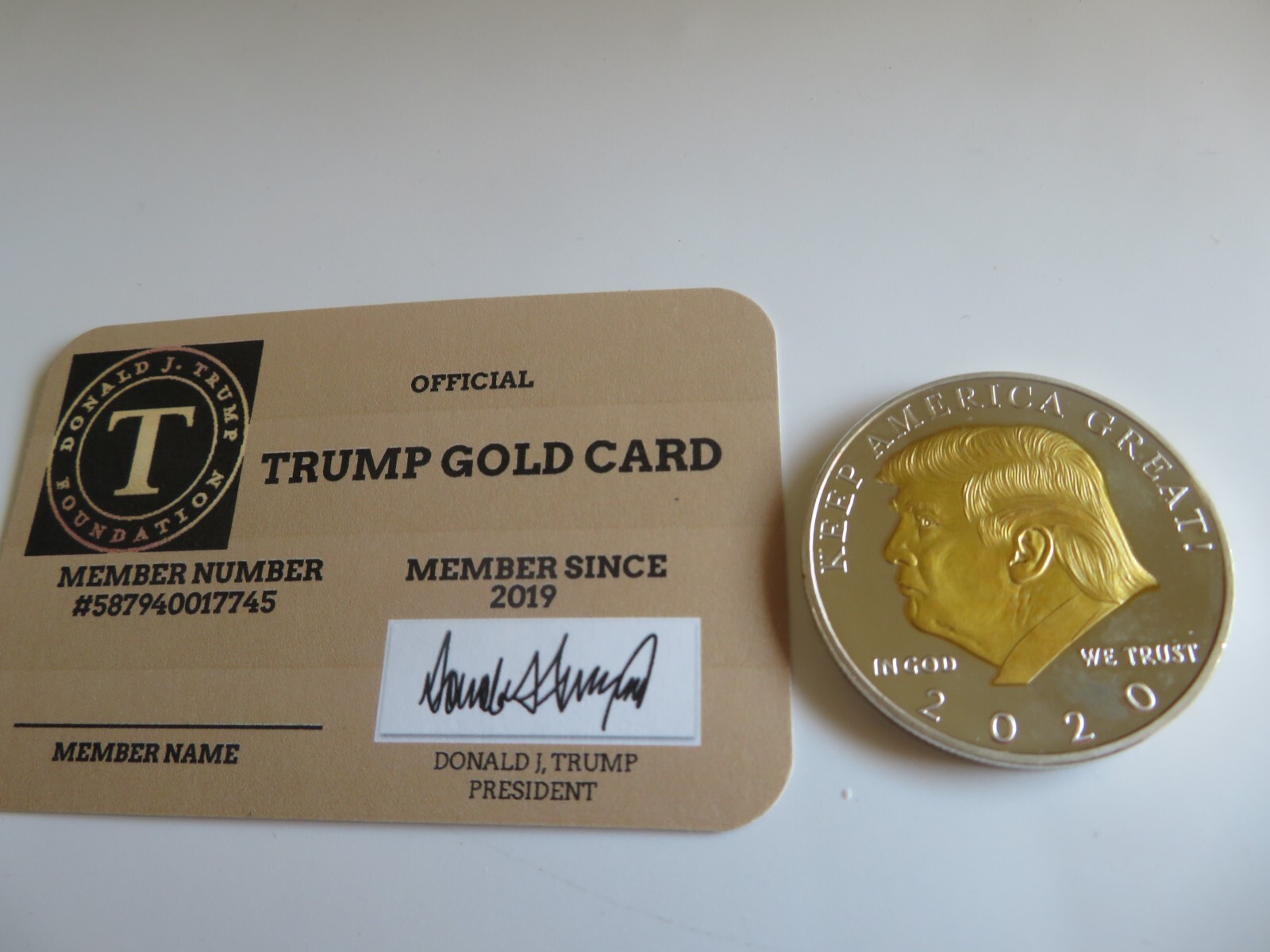DONALD J. TRUMP- FOUNDATION GOLD CARD MEMBER 2019 CARD & 2020 TWO/TONE COIN