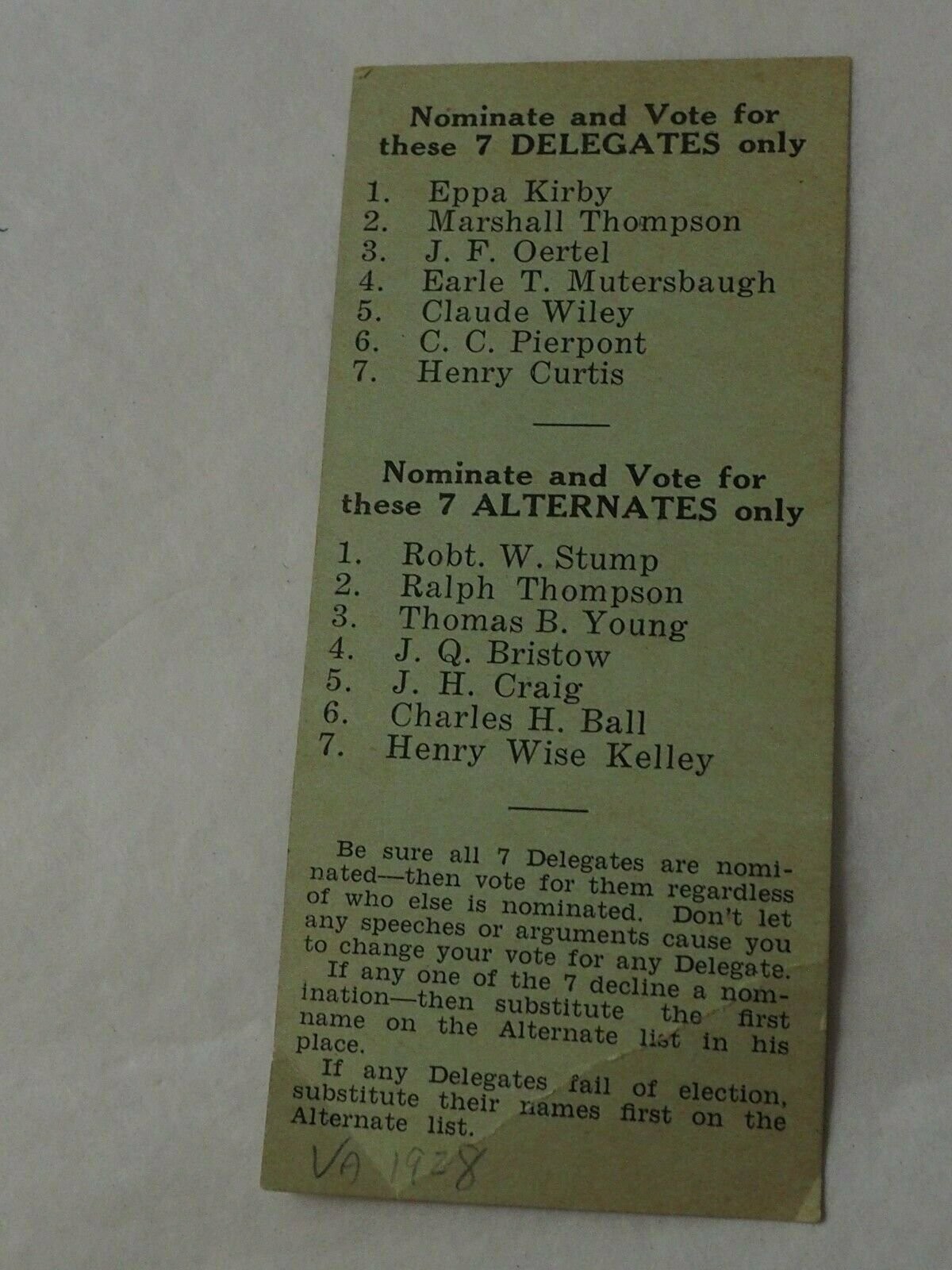 Nomination list for Virginia Delagates 1928 convention