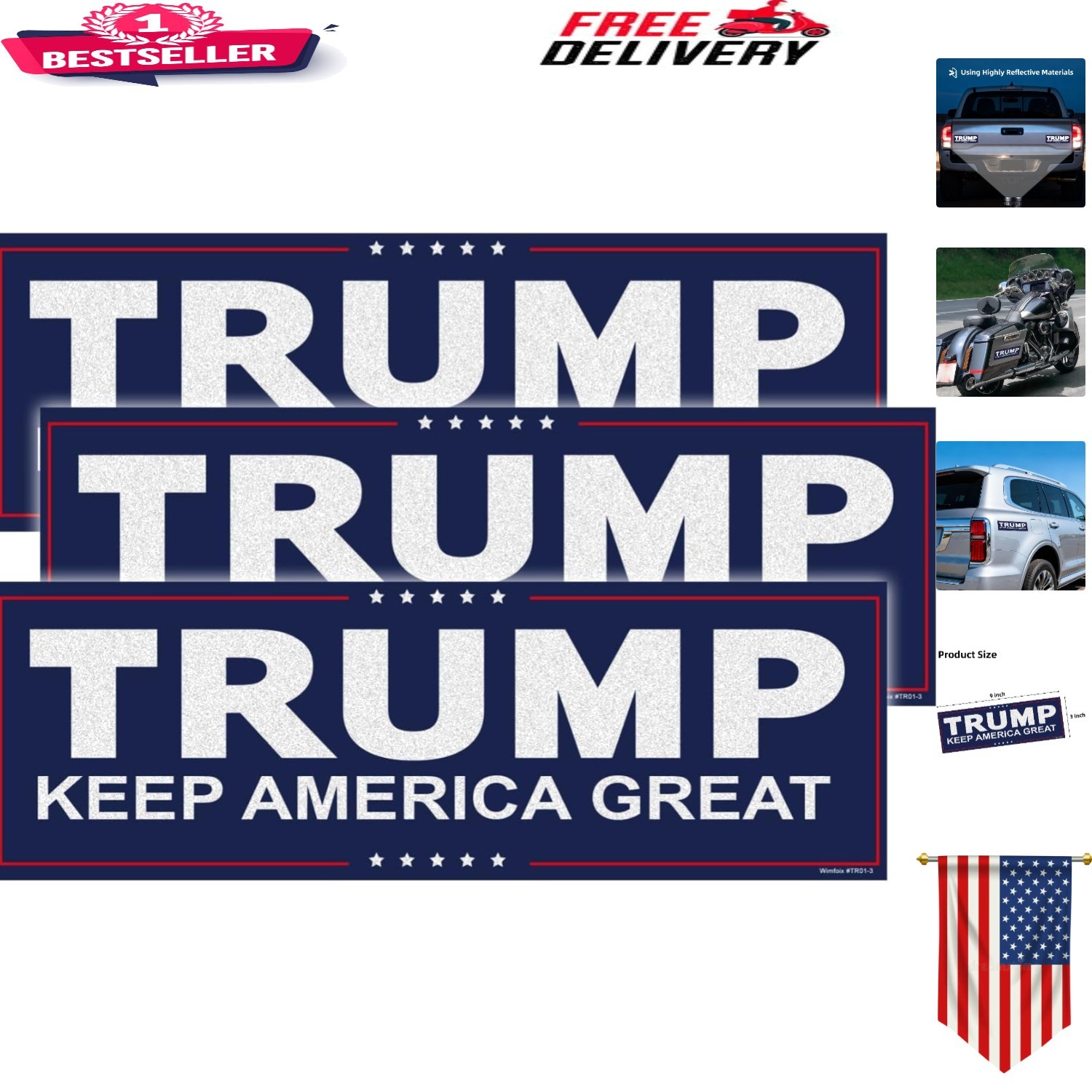Patriotic Trump Stickers (3pcs) – Weatherproof 9×3 Inch Decals for All Surfaces!