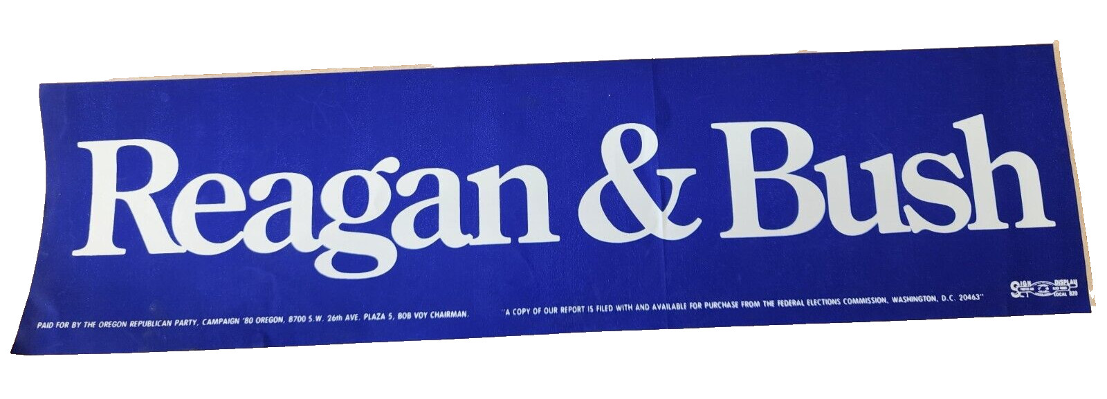 ORIGINAL 1980’S REAGAN & BUSH BUMPER STICKER ~3″ x 11″ PRESIDENTIAL CAMPAIGN