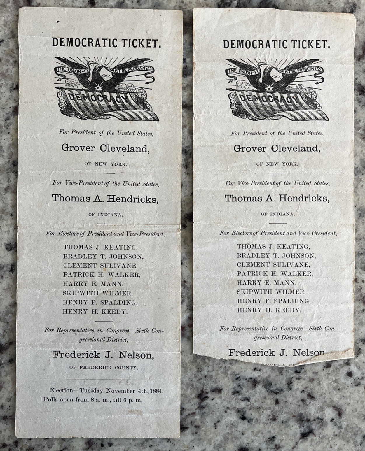 2 Antique 1884 Democratic Tickets President Grover Cleveland Nelson Frederick MD