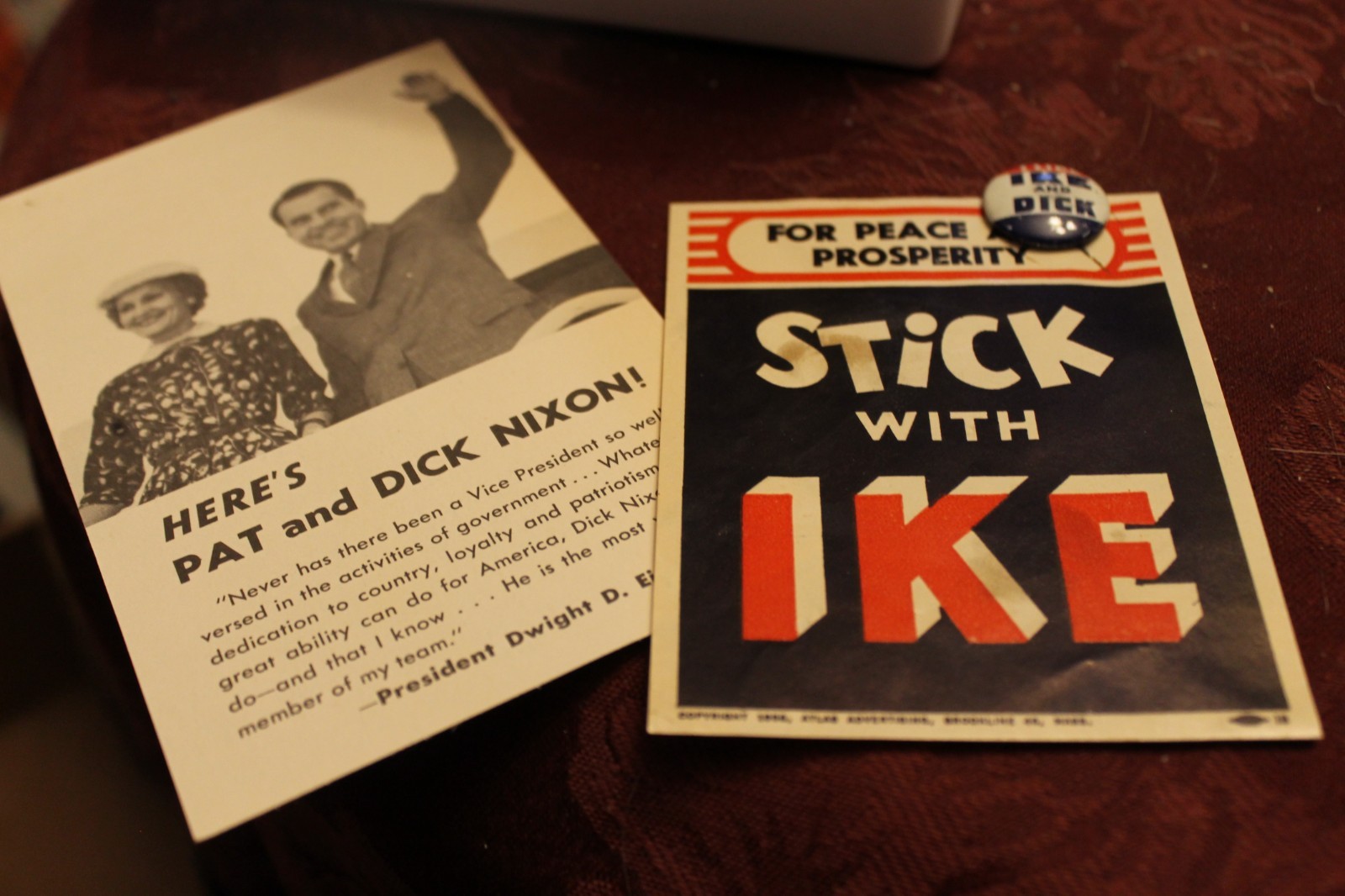 Stick with Ike ~ Political Ephemera w/ small pinback button (3/4″)