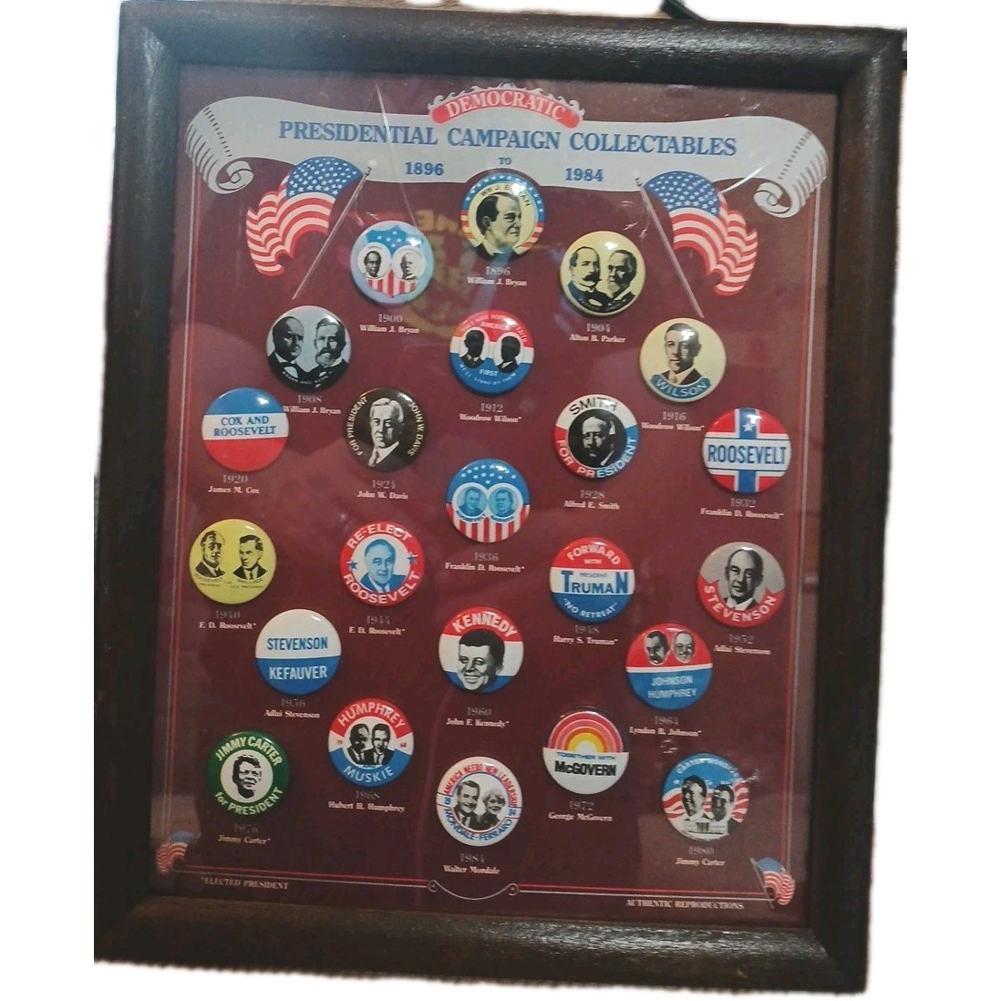 Vintage Framed Authentic Reproduction Presidential Political Pins 1898-1984
