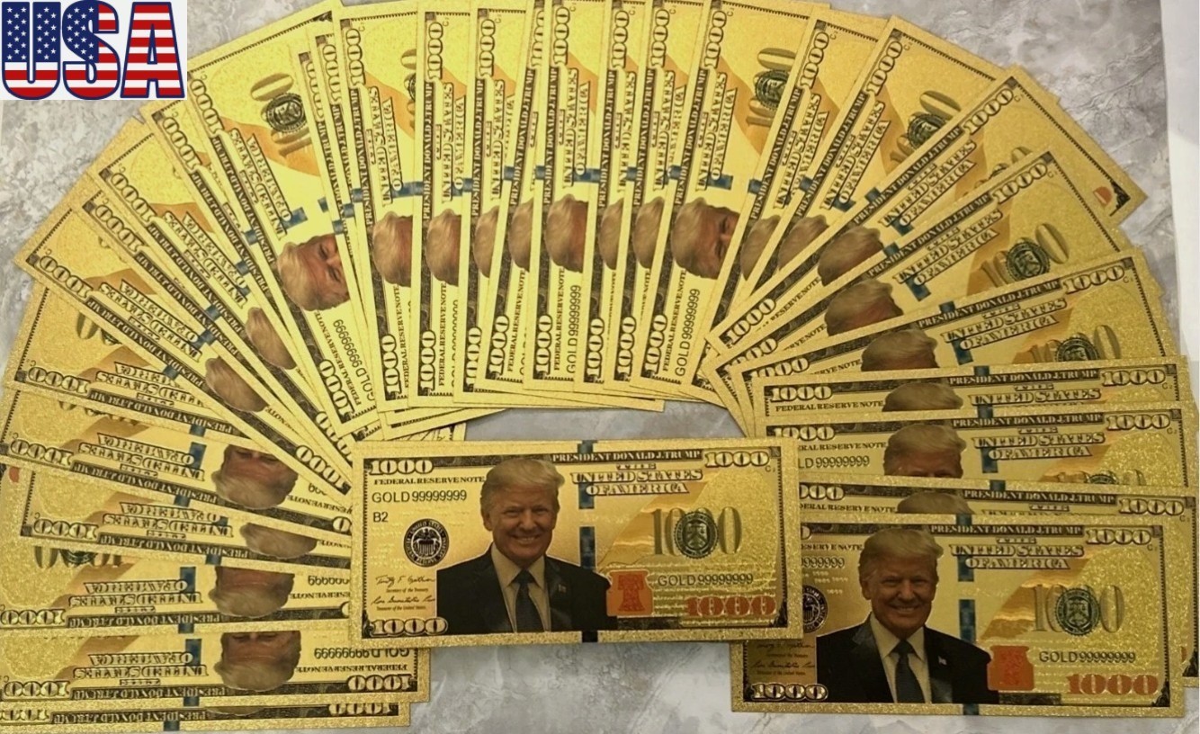 100 PC LOT-24K GOLD Plated Foil Novelty Banknotes TRUMP $1000 MAGA