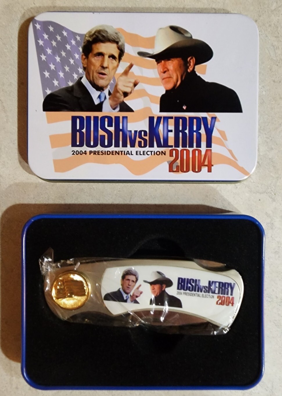 Bush Vs. Kerry 2004 Presidential Election Collectors Pocket Knife In Gift Tin