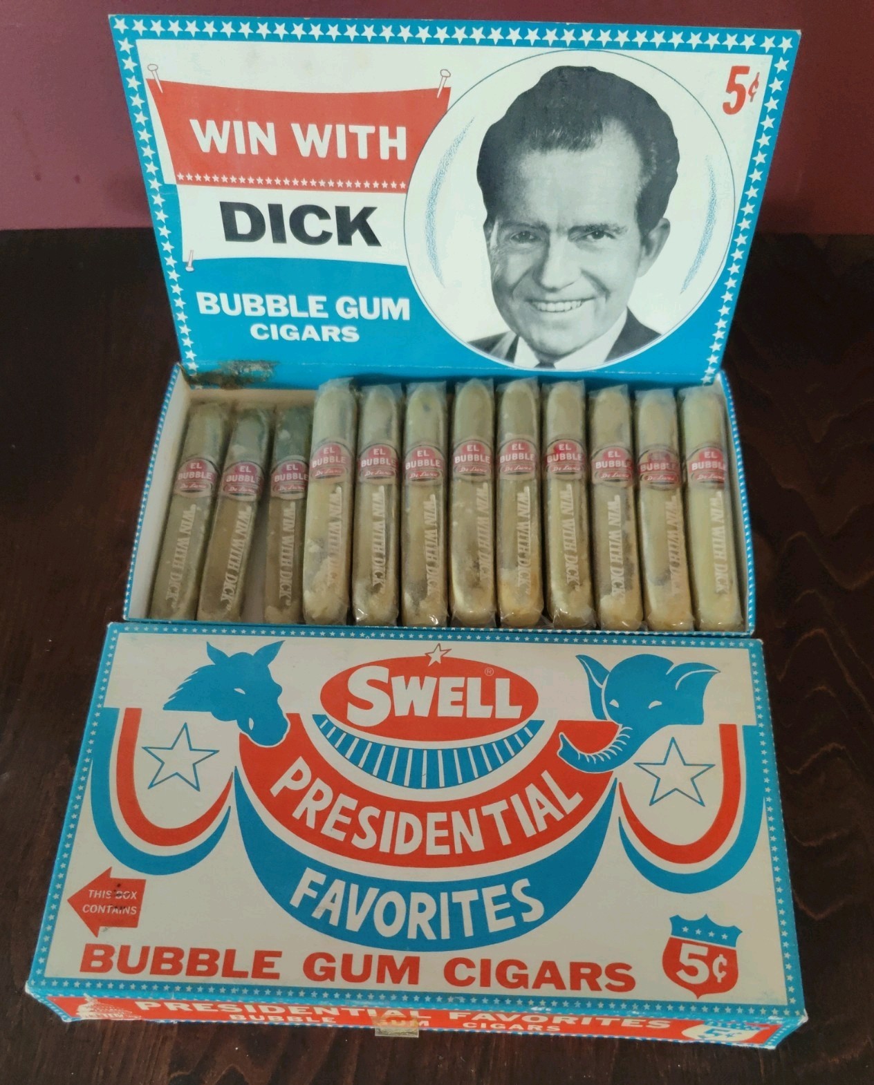 Vintage 1968 Richard Nixon Swell Bubble Gum Cigar Box – Box of 24 Pieces w/ Top