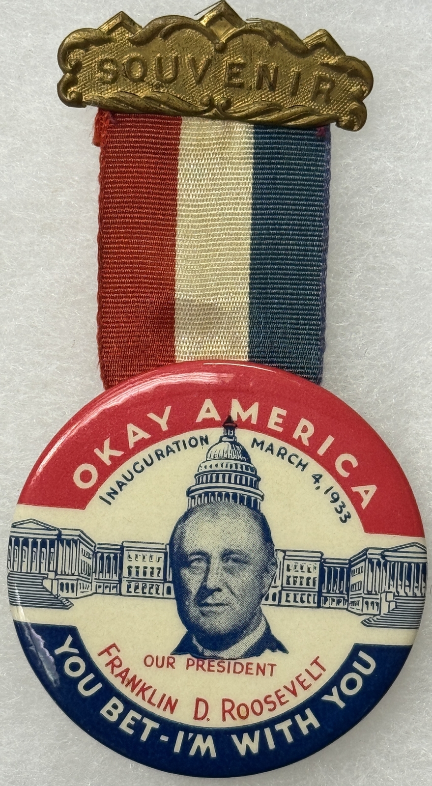 1933 ROOSEVELT, FDR INAUGURAL 2″ GRAPHIC “OK AMERICA” CELLO BUTTON-SCARCE & MINT