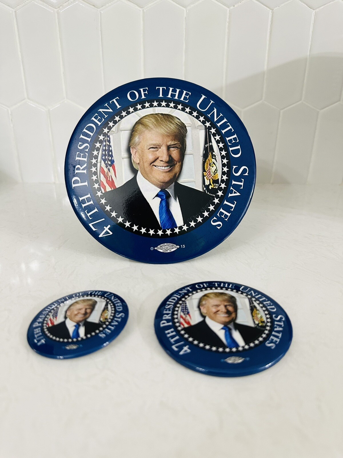 Set Of Donald Trump 2024- 2-1/4”, 3” & 6” Pin Back Buttons