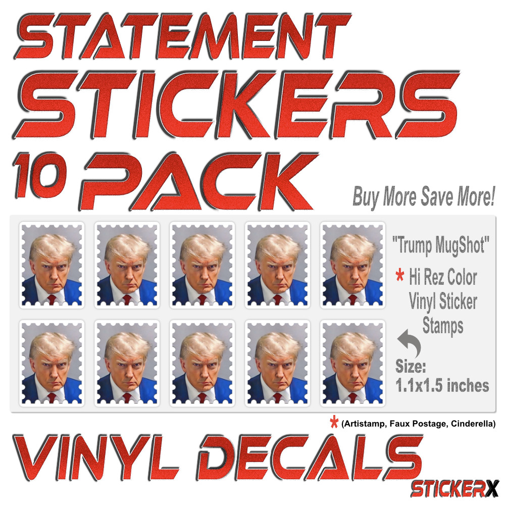 Trump Mug Shot Stamps – Vinyl Stickers 10 Pack – Artistamp, Faux Postage, Labels