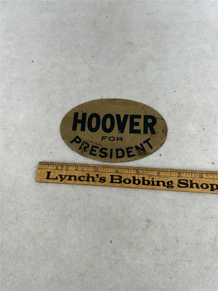 antique political sign Hoover president tan/black oval 3.75 x 5.5 1928 original