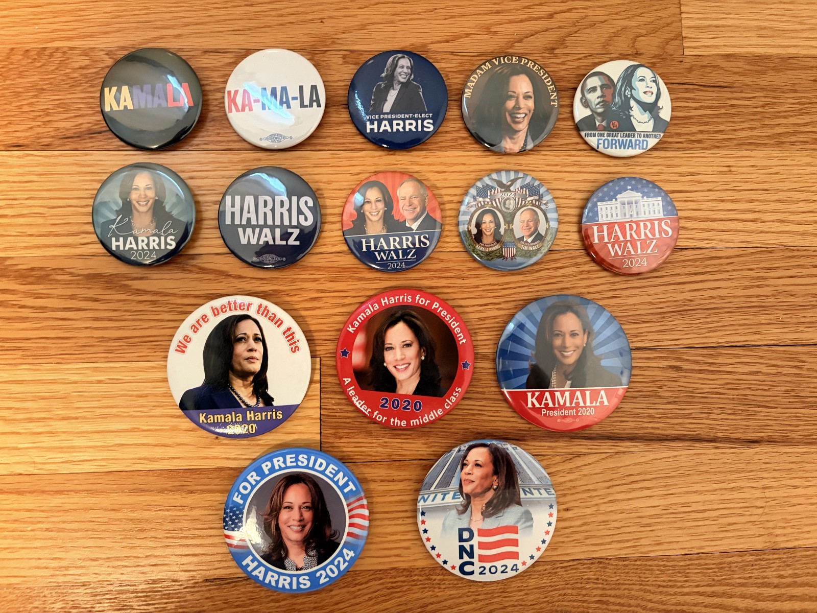 KAMALA HARRIS 2020, 2024 Pin Button Lot of 15; Tim Walz Jugate