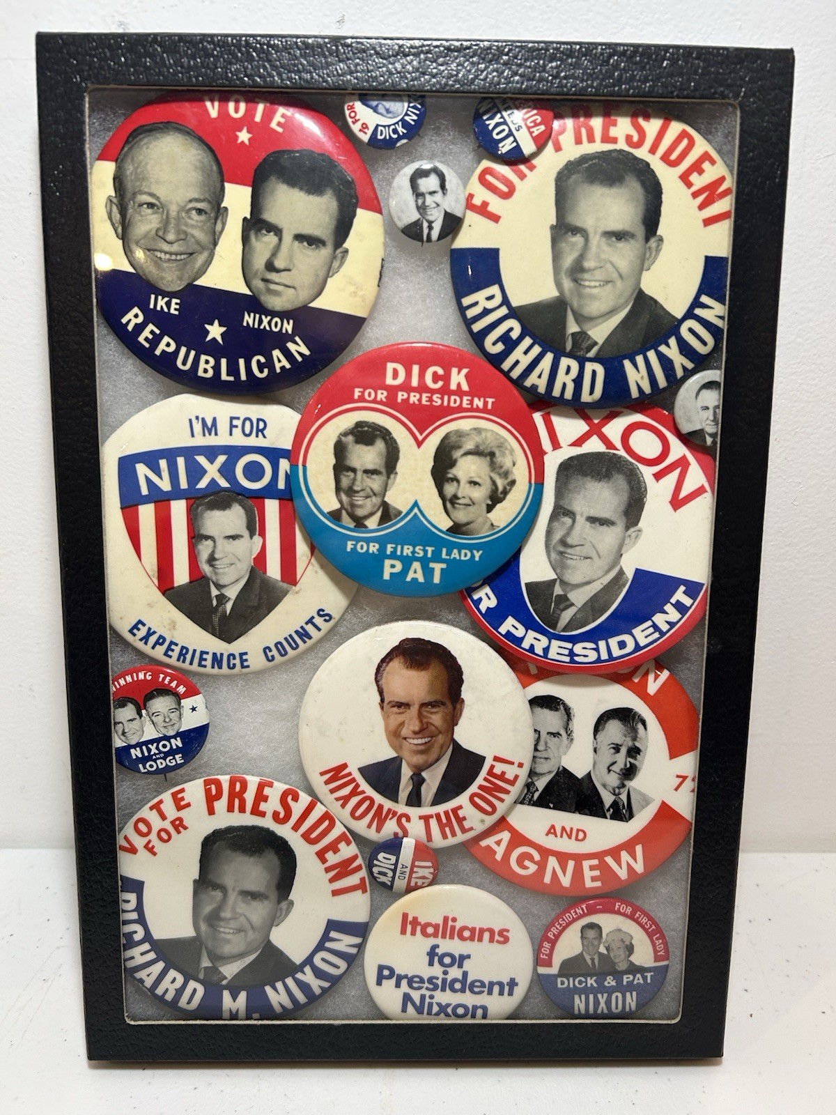Vintage Framed Richard Nixon Campaign Buttons Shadow Box Collection Ike Agnew