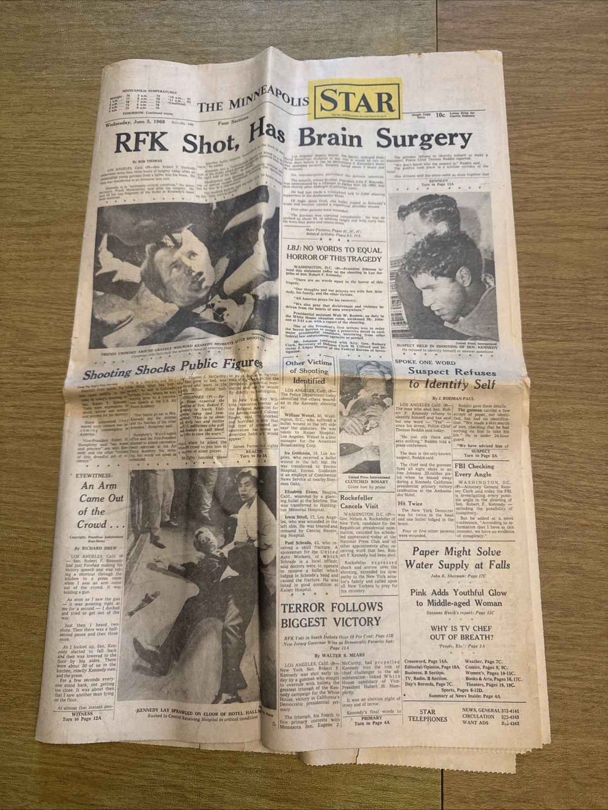 RFK Assassination Minneapolis Star June 5 1968 Newapaper KENNEDY Original Print
