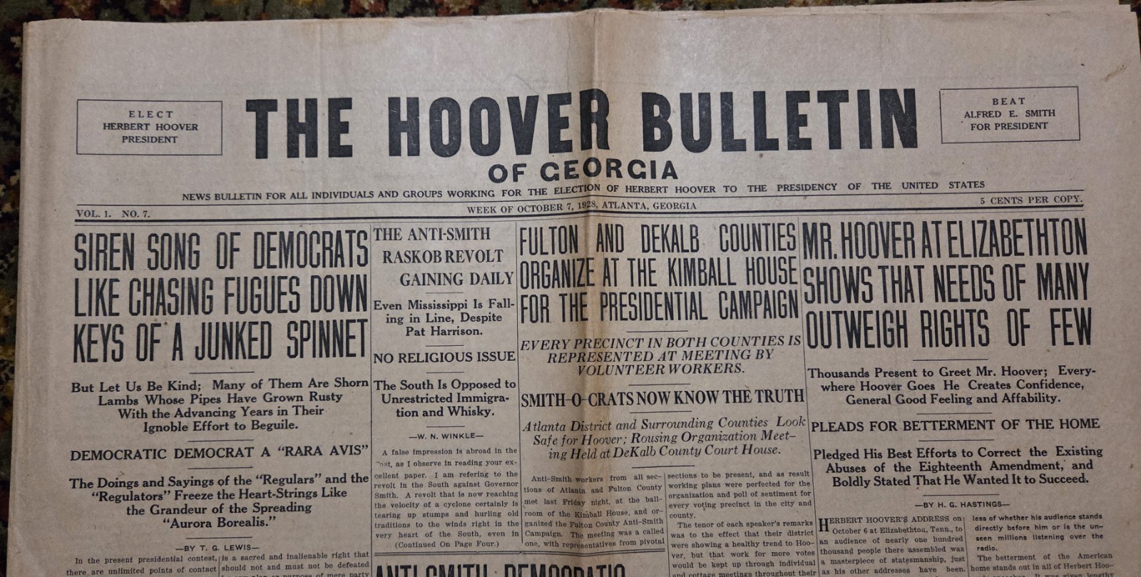 Rare Herbert Hoover 1928 Campaign Newspaper Targeting Georgia Residents
