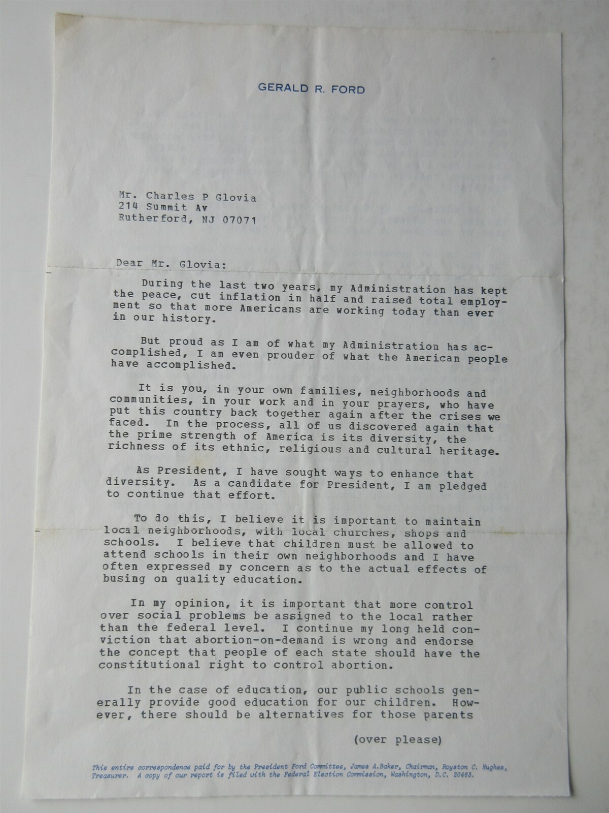 Gerald Ford Campaign Letter 1976 Requesting Your Vote
