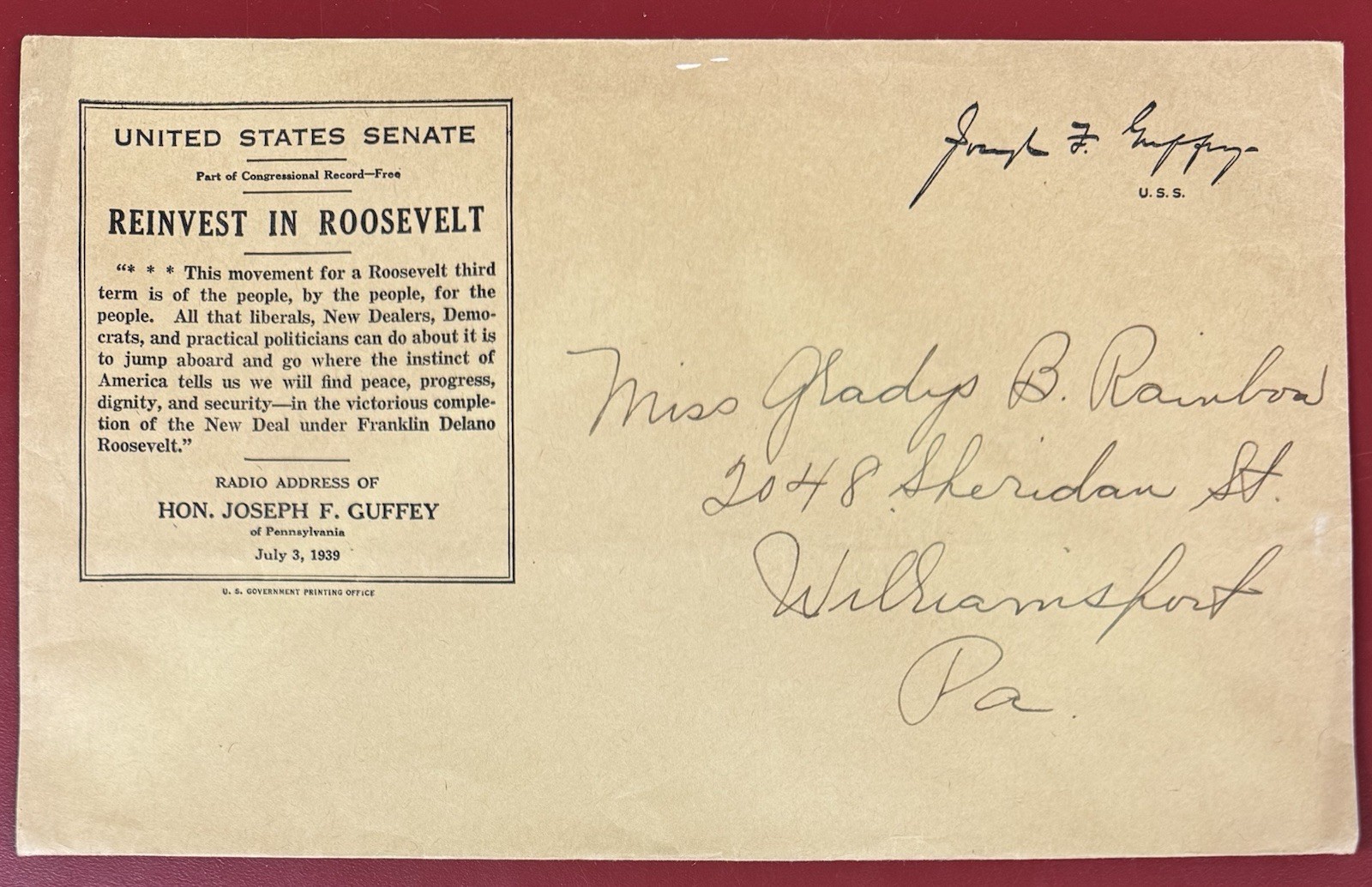 Reinvest in Roosevelt: Senator Joseph F. Guffey Free Frank F.D.R. Campaign Cover