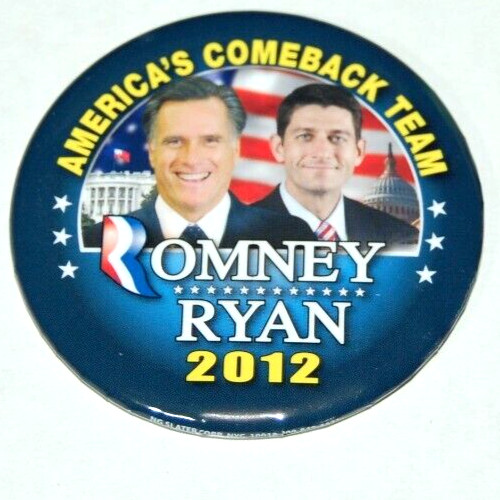 2012 MITT ROMNEY PAUL RYAN 3″ campaign pin pinback button political president .