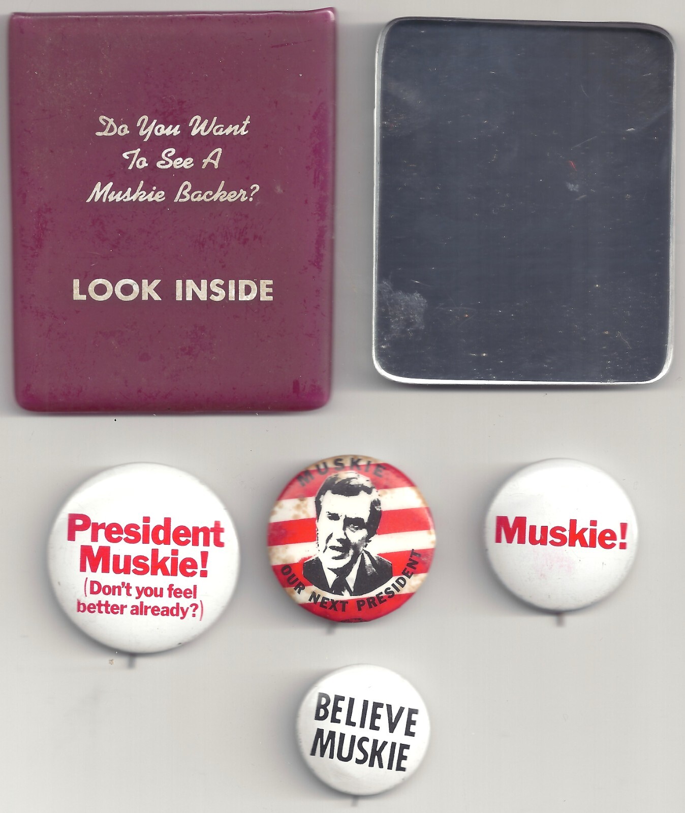 1972 Edmund MUSKIE Pocket Mirror & Pin Lot ~ 4 Pins