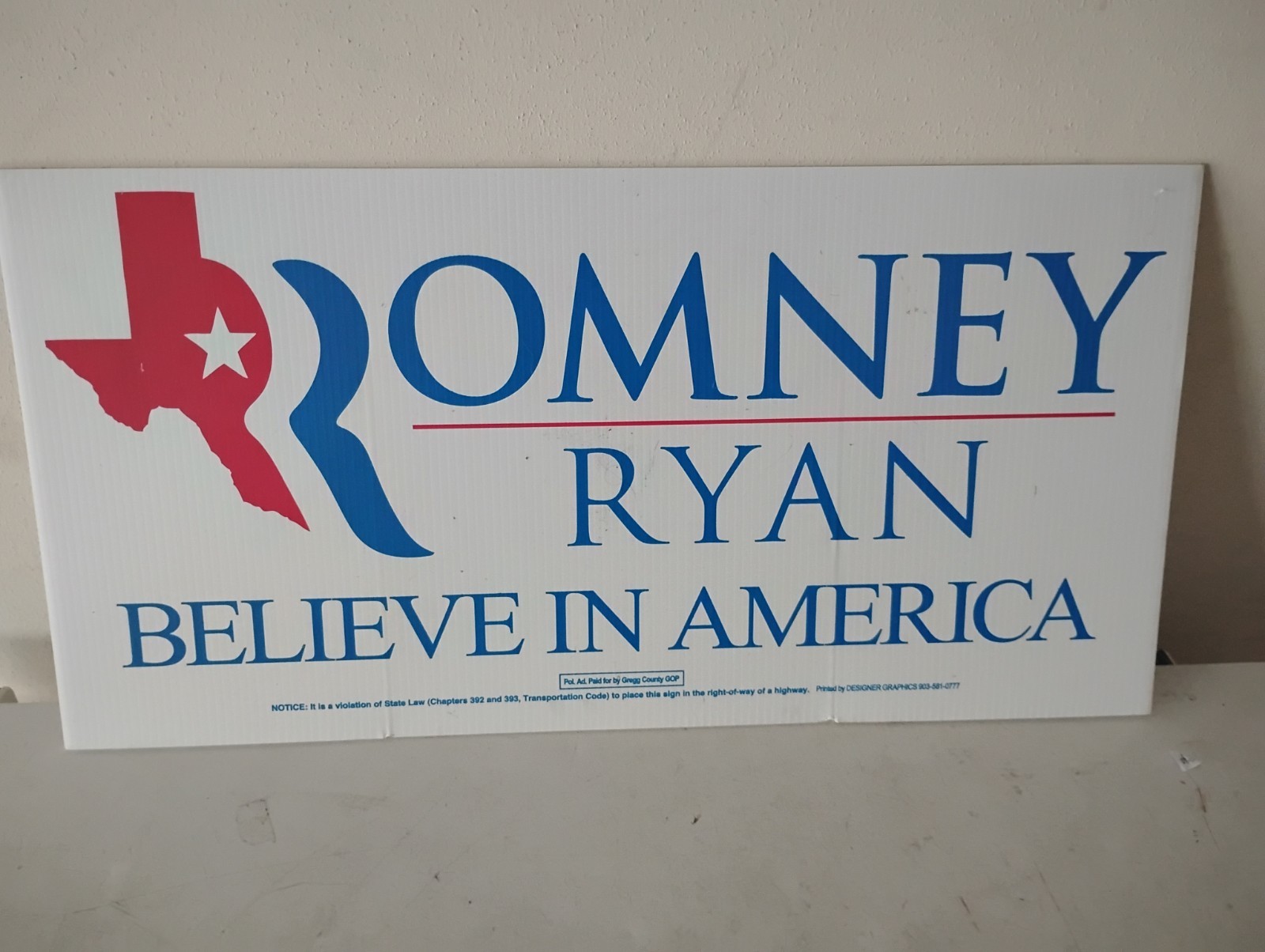Mitt Romney Paul Ryan 2012 Republican President Campaign Texas Yard Sign