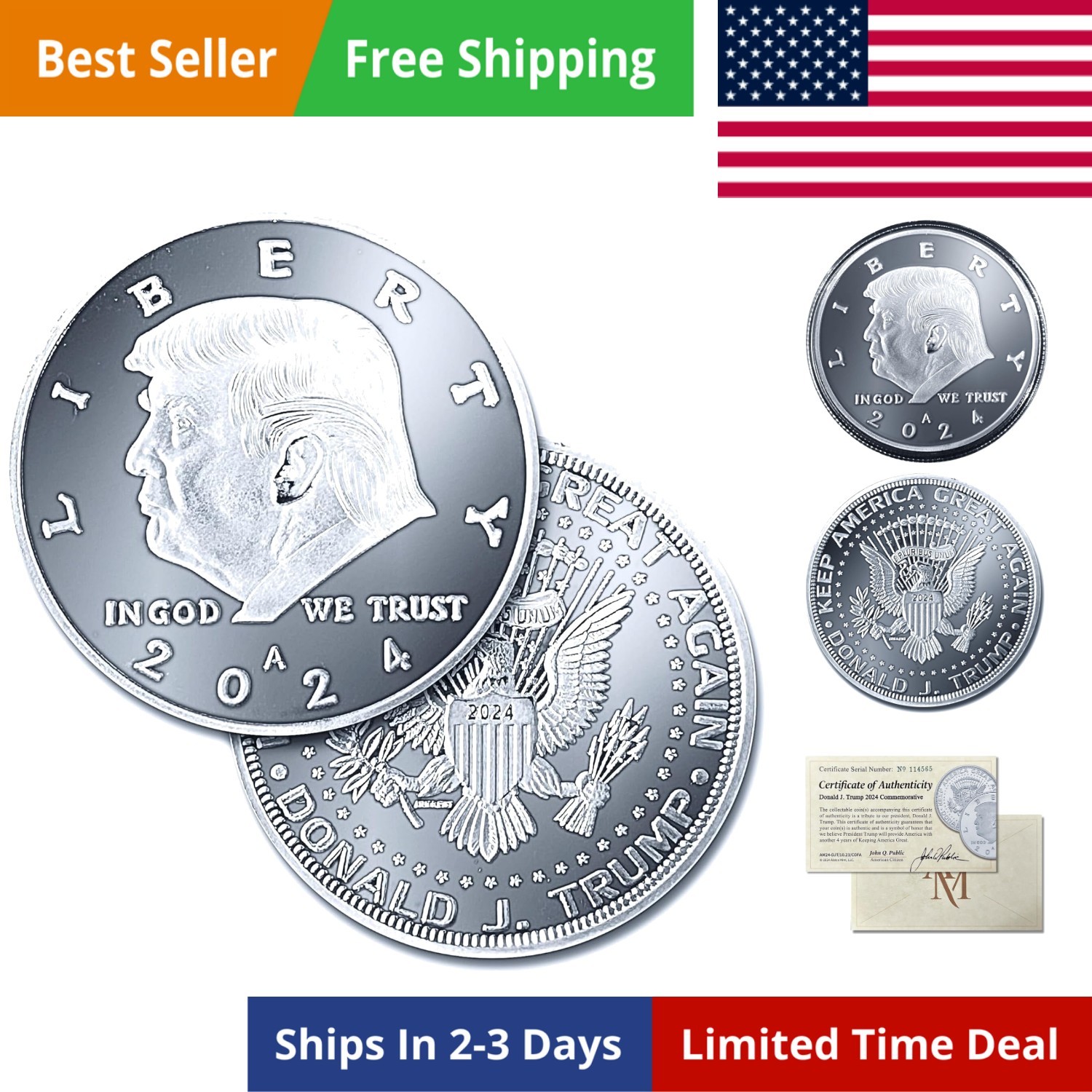 Donald Trump Silver Coin 2024 with Certificate of Authenticity, President Coi…