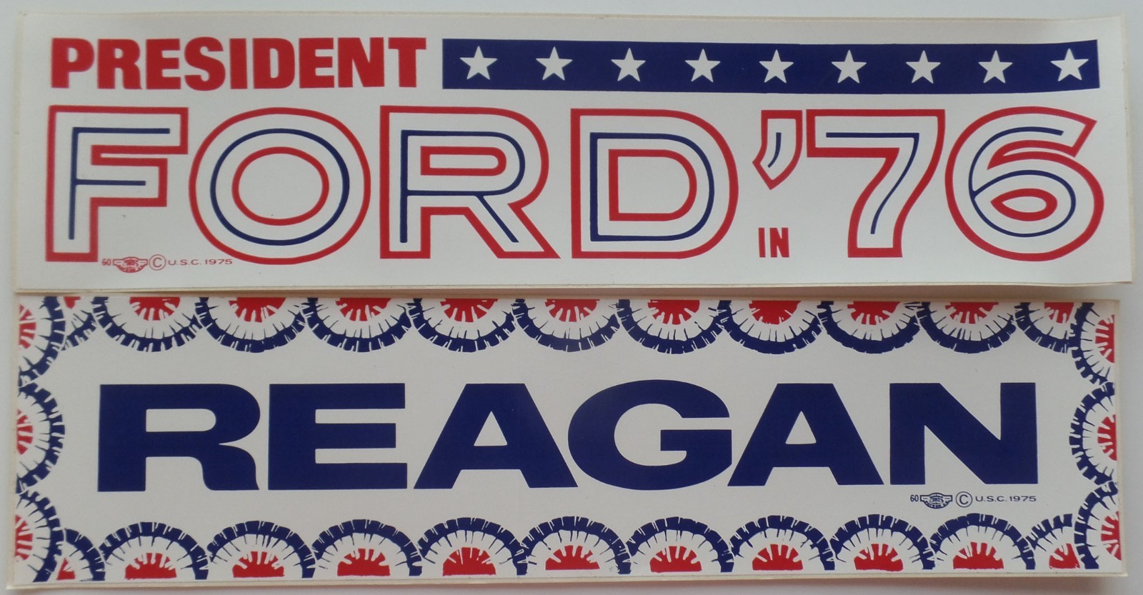 Pair of 1976 Ford & Reagan Prez Campaign Bumperstickers for Bicentennial Year