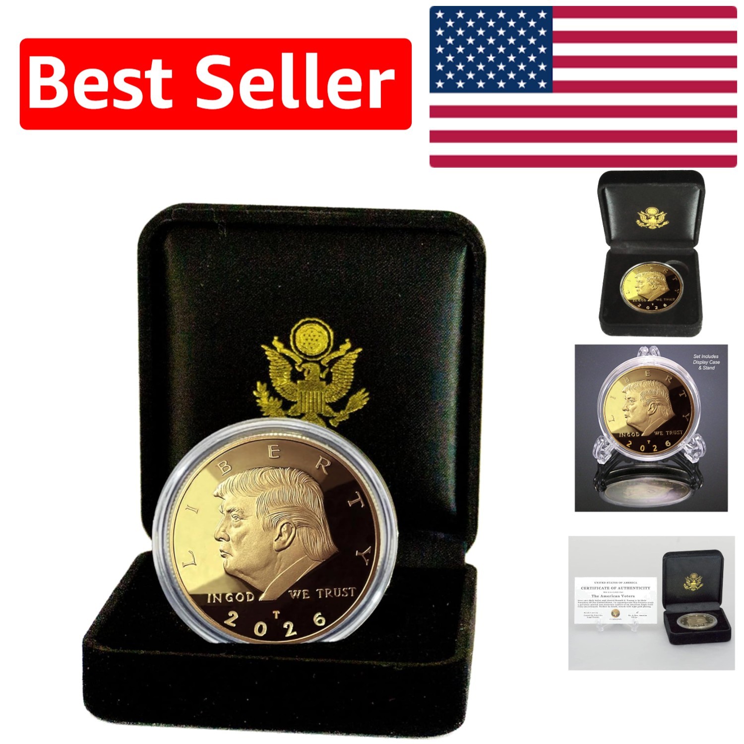 Elegant 2026 Donald Trump Gold Replica Coin with Velvet Case – Collector’s Item
