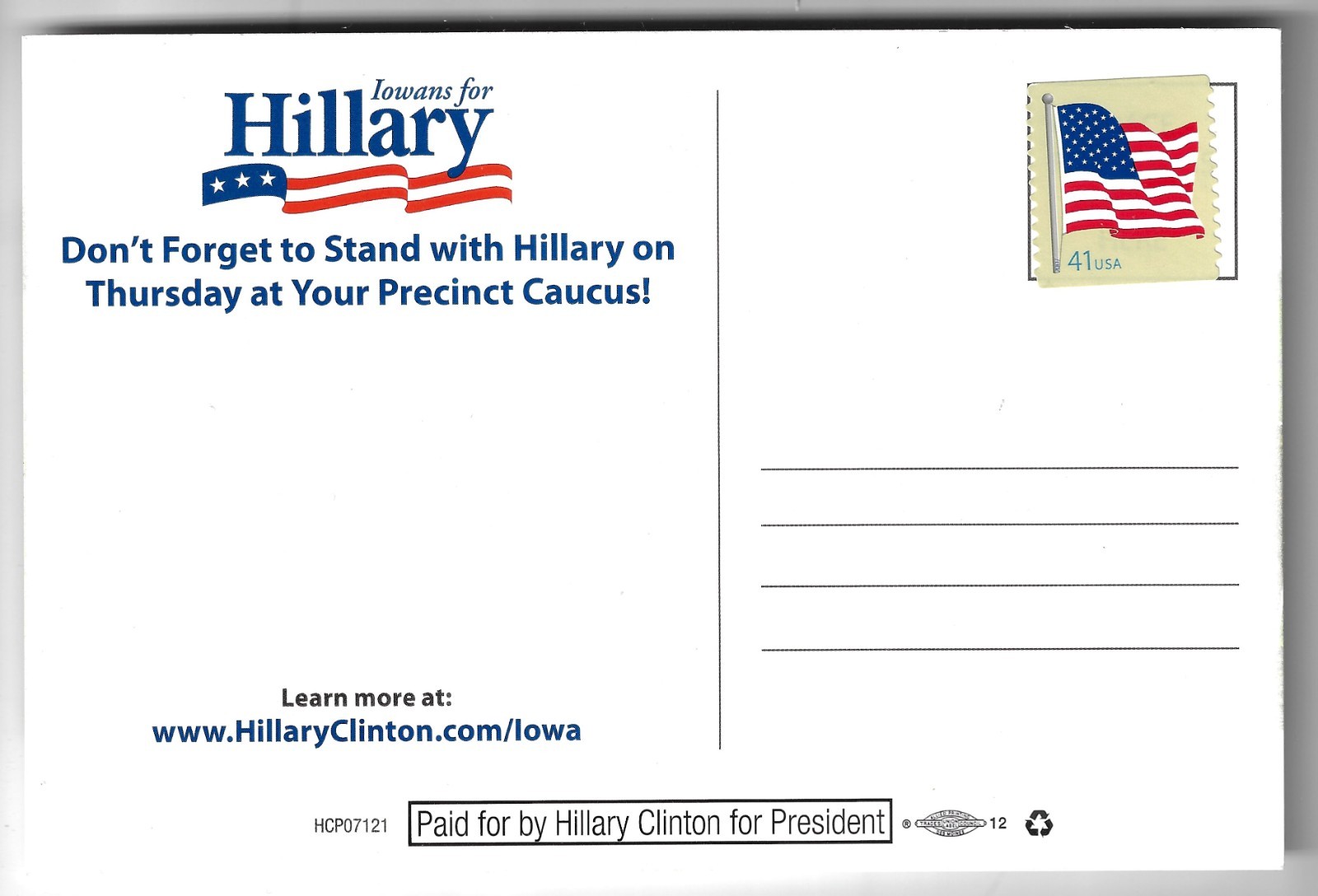 2008 Hillary Clinton Iowa Caucs Presidential Campaign Postcard Ran Against Obama