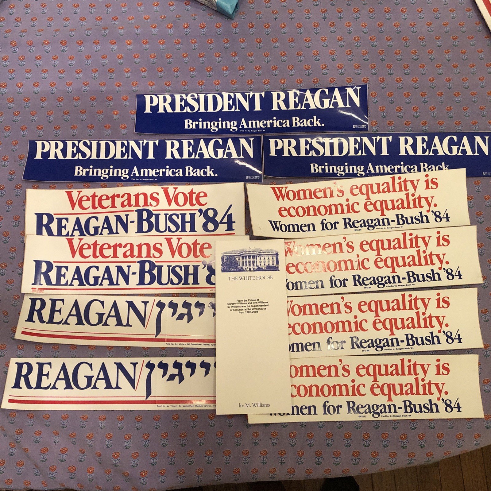 11 1984 Reagan Bush Campaign Bumper Stickers Vets Women Hebrew Variant WH Card