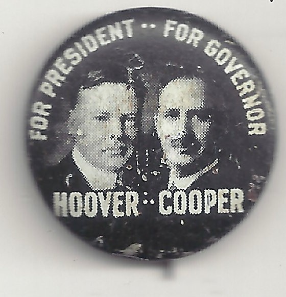 1928 Hoover-Cooper Campaign Pin For President & OHIO Governor Jugate
