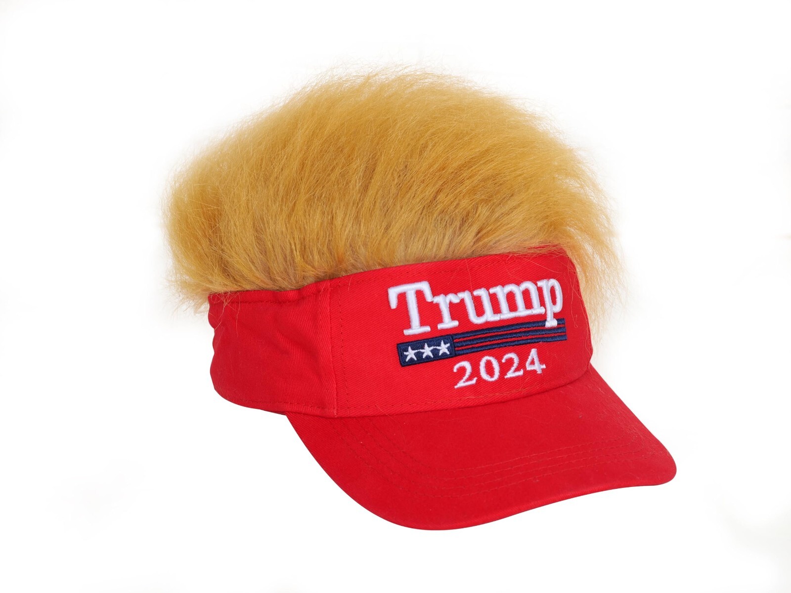 2024 President Donald TRUMP Red Trumpy Visor Hat w/Gold Hair Golf Cap Wig MAGA
