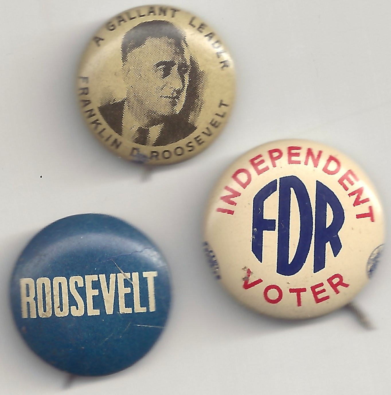 3 Tin Litho Roosevelt Pins ~ Gallant Leader, Independent Voter FDR Pins