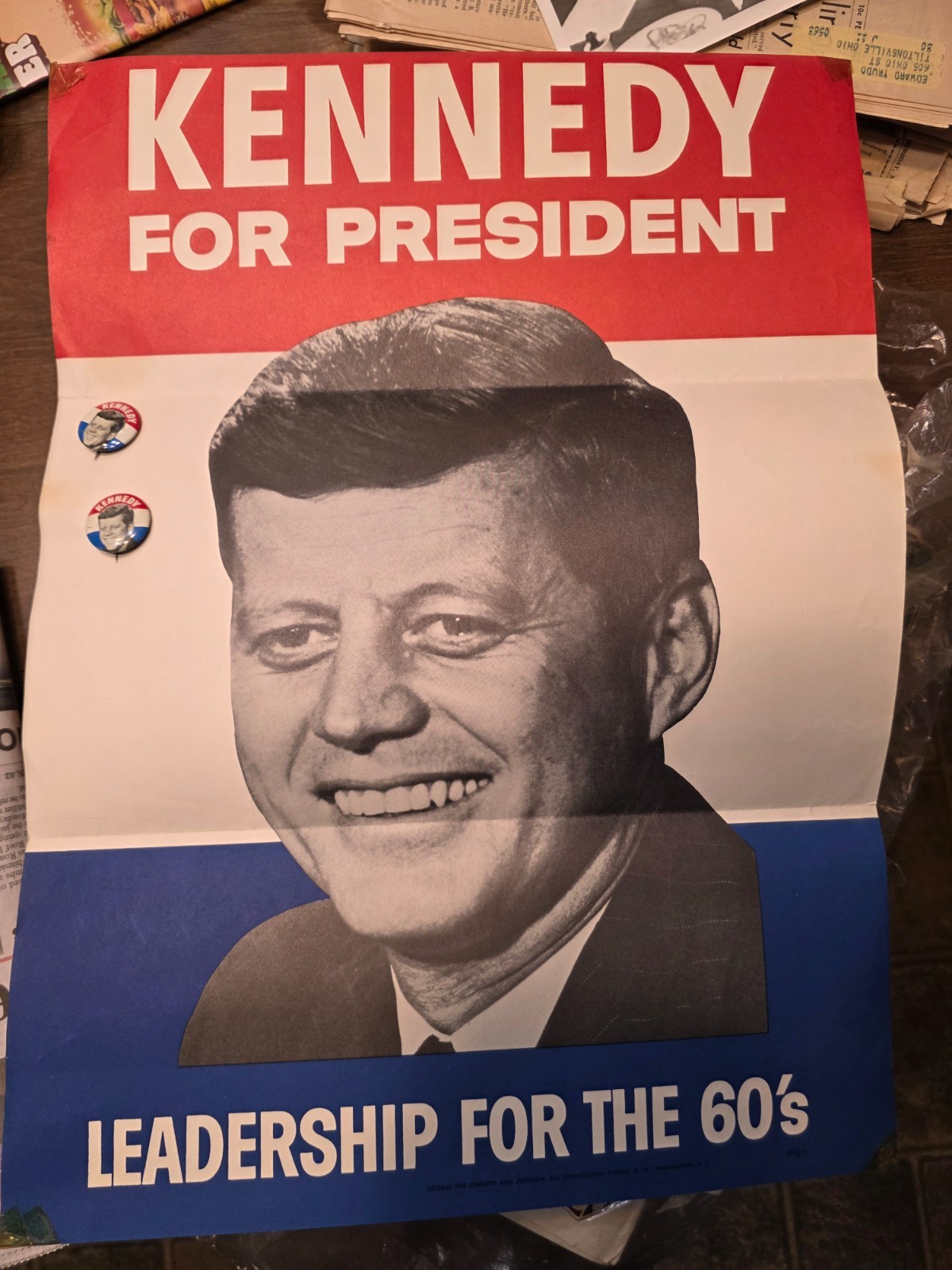 Kennedy Presidential election sign and pins