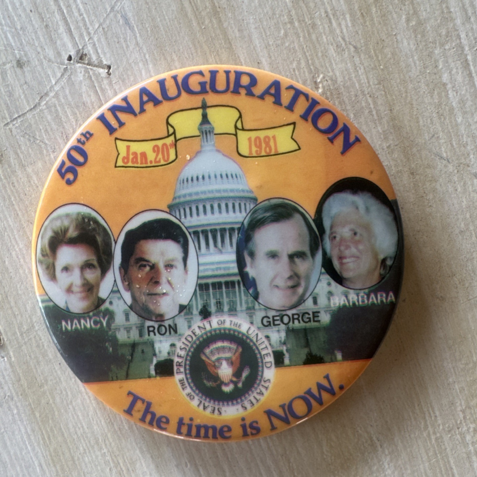 Ronald Reagan 1980 Inauguration Button Jan 20 1981 “The time is NOW”