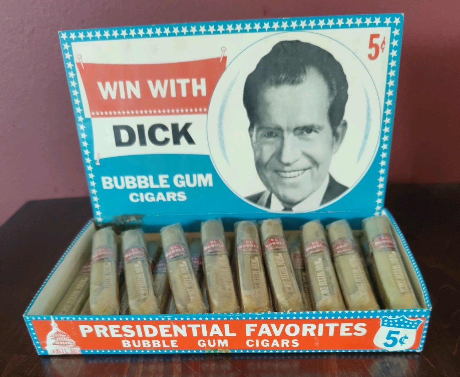 Vintage 1968 Richard Nixon Swell Bubble Gum Cigar Box – Box of 24 Pieces w/ Top