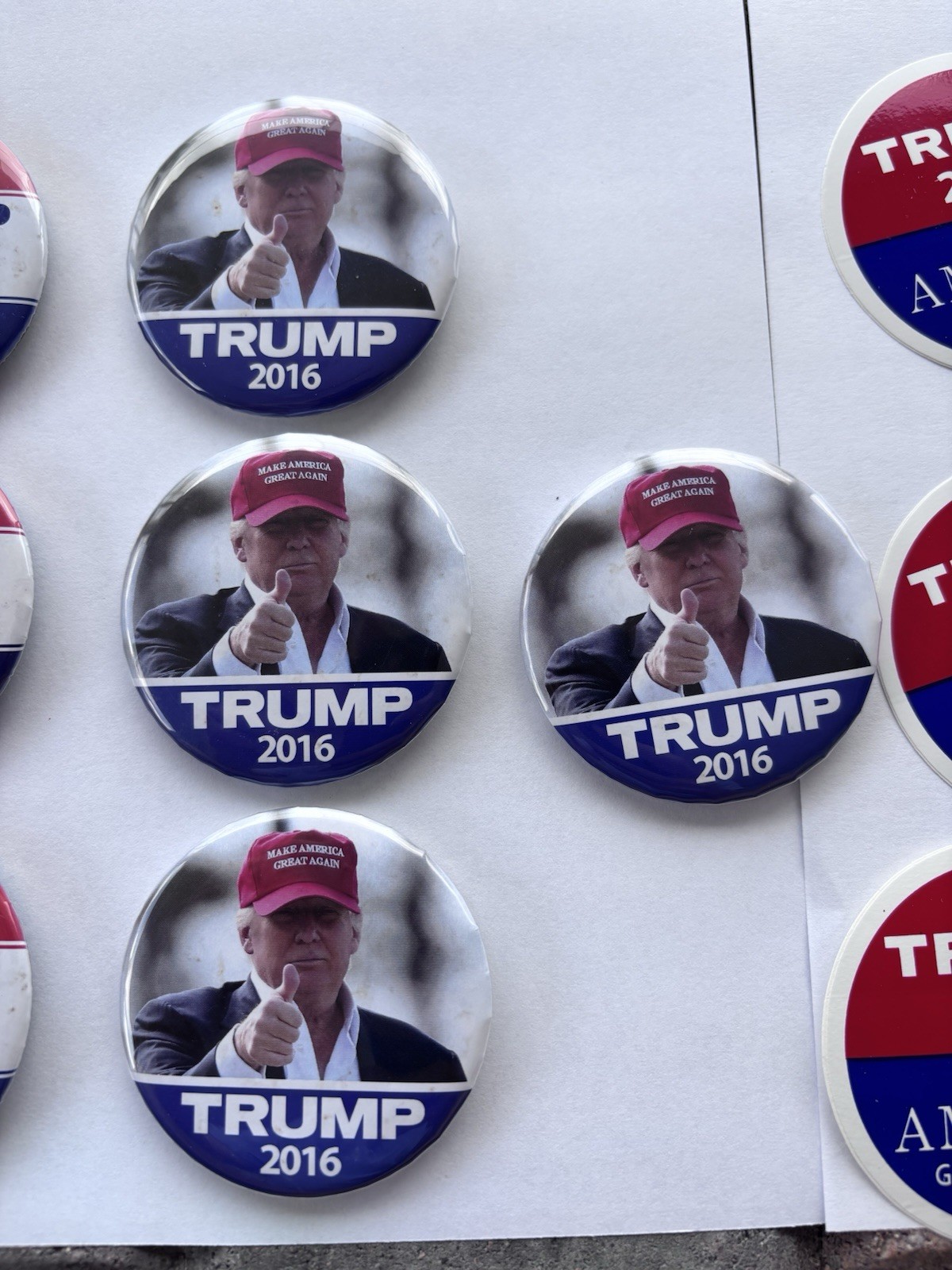 Official 2016 Donald Trump Campaign Lot – 10 Pinback Buttons & 29 MAGA Stickers