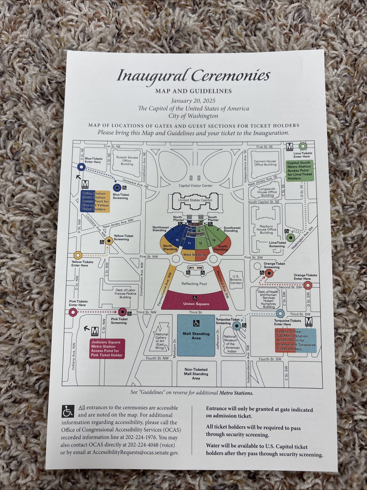 2025 Donald Trump Presidential Inaugural Ceremonies Map & Guidelines RARE