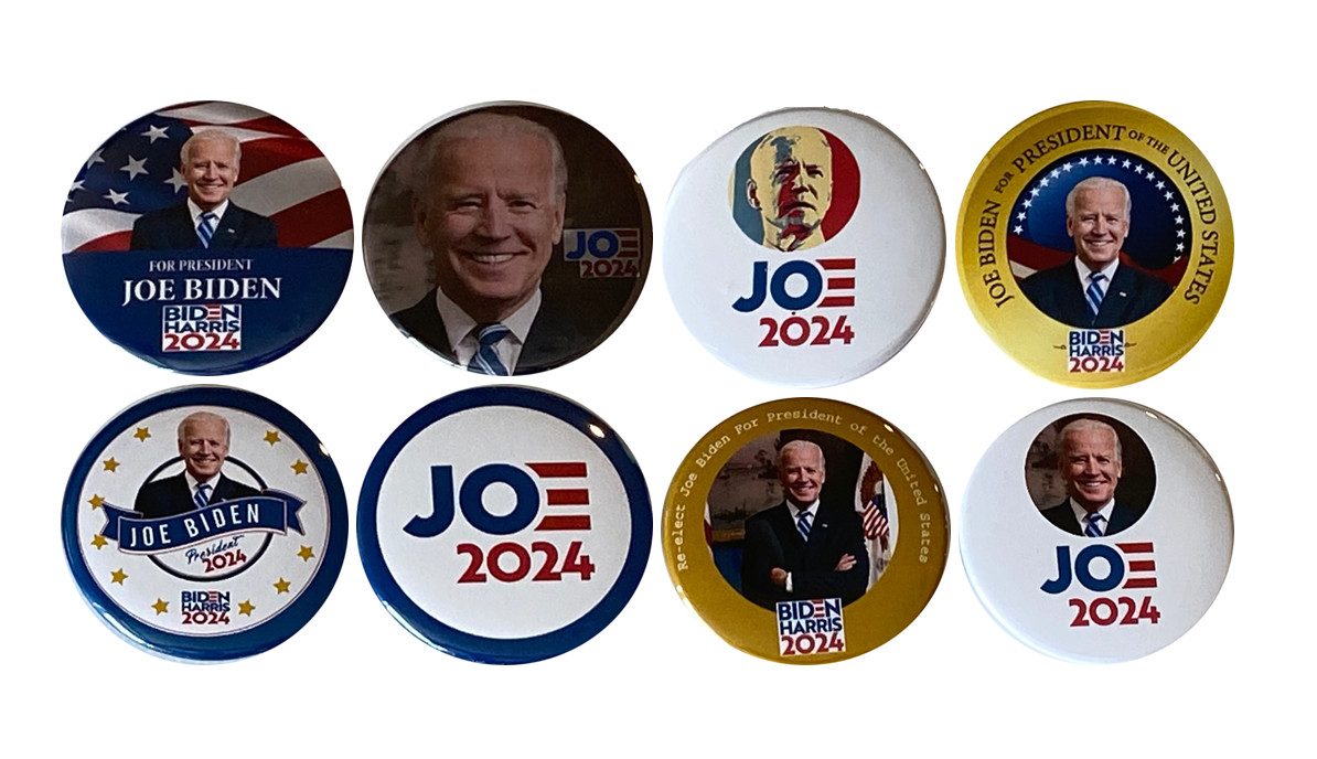 Joe Biden 2024 buttons – Re-elect Joe Biden for President – Set of 8 pins (2.25)