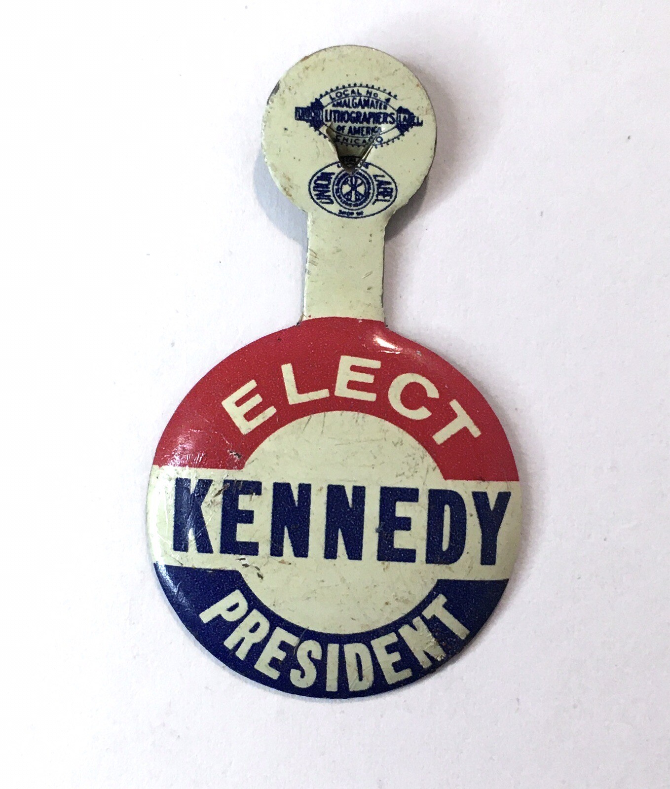 1960 ELECT KENNEDY PRESIDENT round tin litho Fold Over tab button JFK