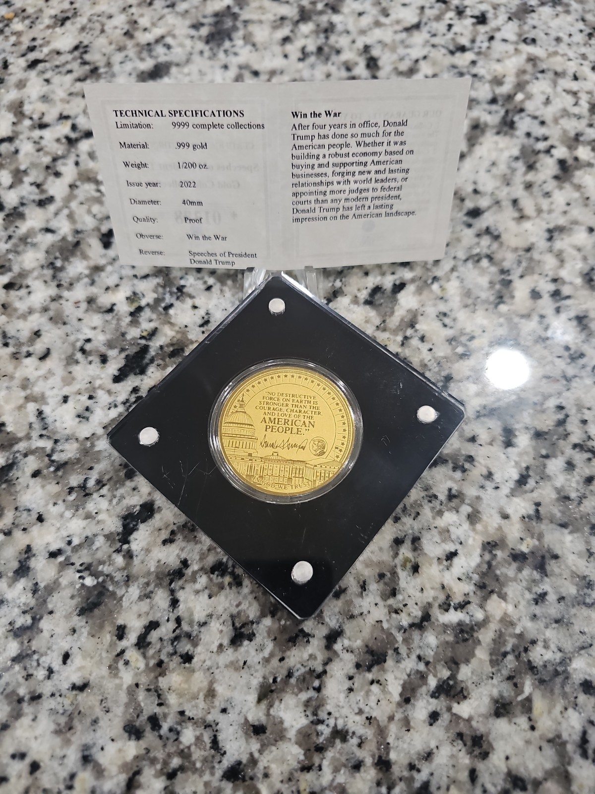 American Mint Gold Trump Coin 1/200th .999 Gold In Display Case